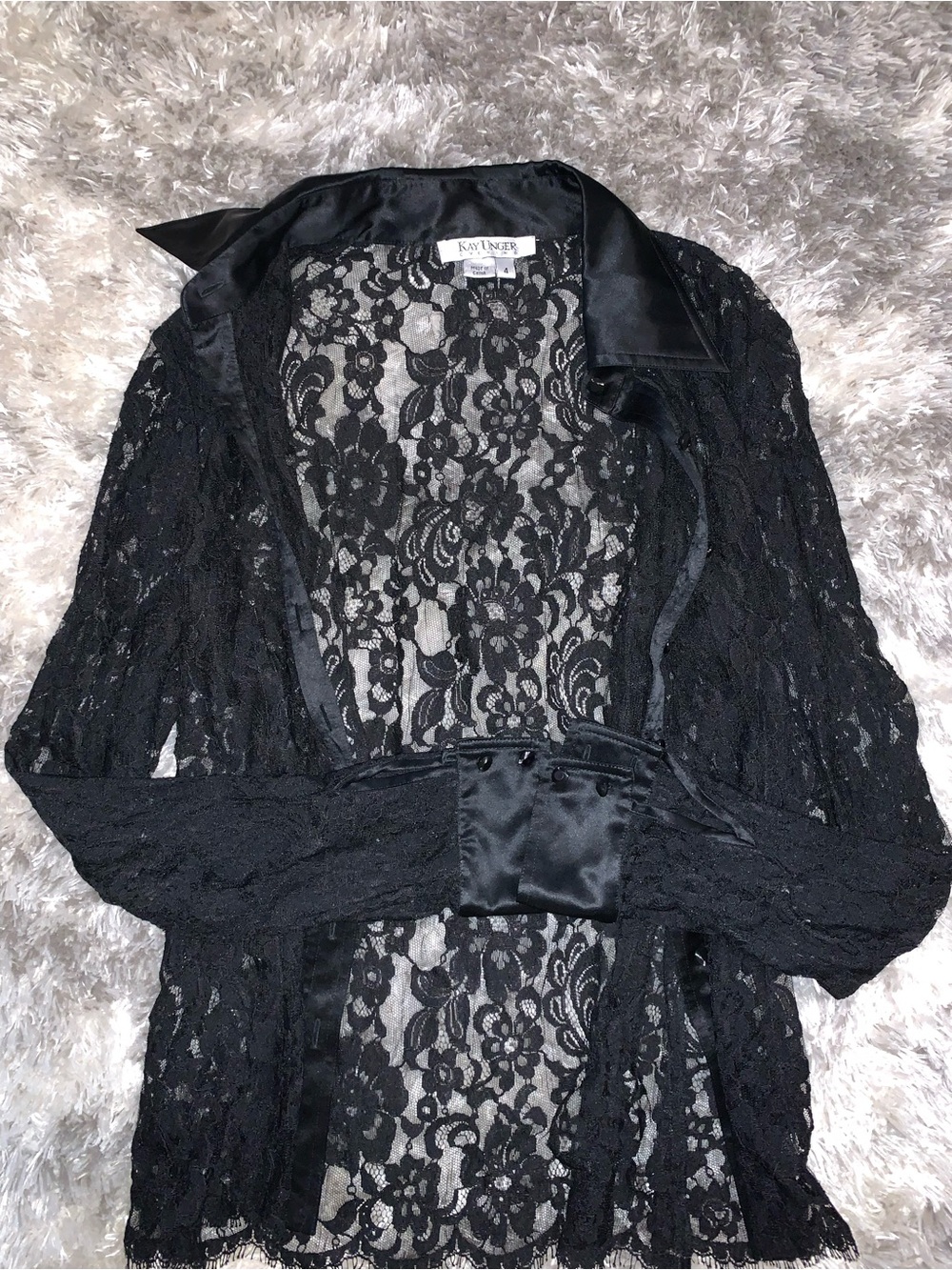 Kay Unger Black Floral Lace Robe Jacket with Satin Trim